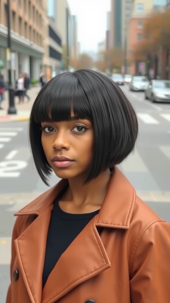 A woman with a straight bob hairstyle, wearing a brown coat, standing on a city street.