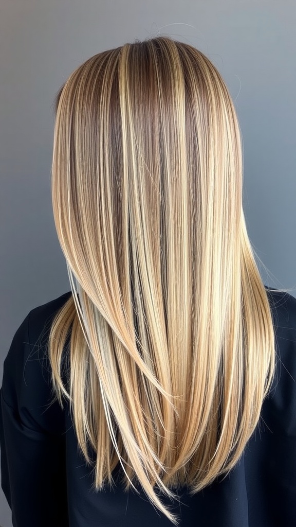 A back view of straight layered hair with a side part, showcasing a blend of light brown and blonde tones.