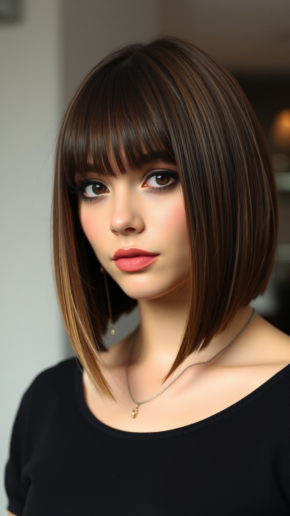 A woman with a straight long bob hairstyle, featuring smooth brown strands and subtle bangs.