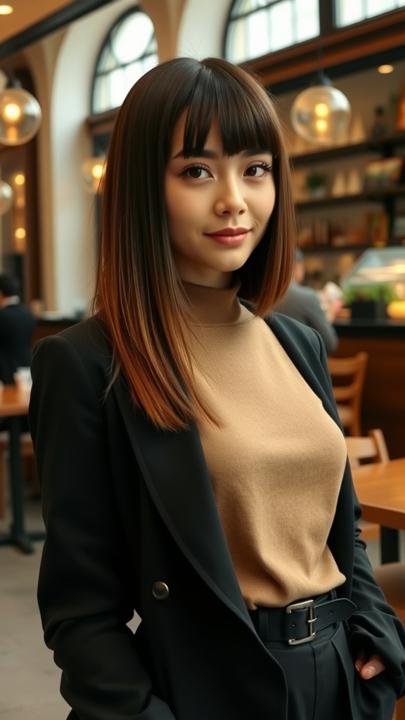 A woman with straight long bob hairstyle and bangs, wearing a stylish outfit in a cozy cafe setting.