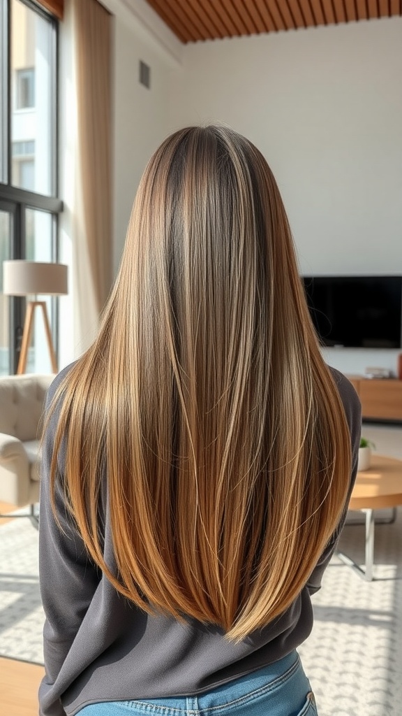 Long layered straight hair, showcasing a sleek and polished hairstyle.