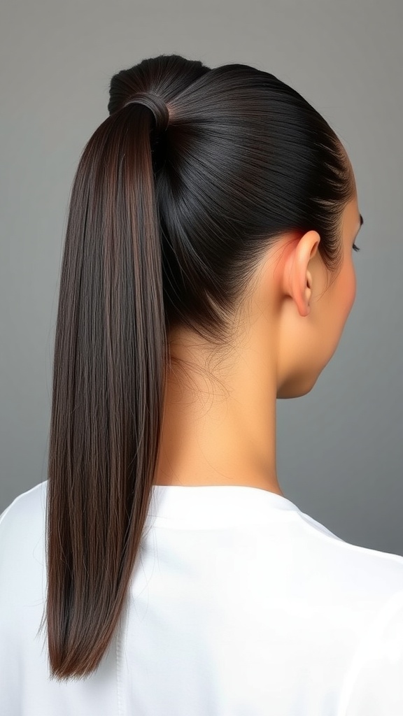A sleek straight quick weave ponytail with a middle part, showcasing a smooth hairstyle.