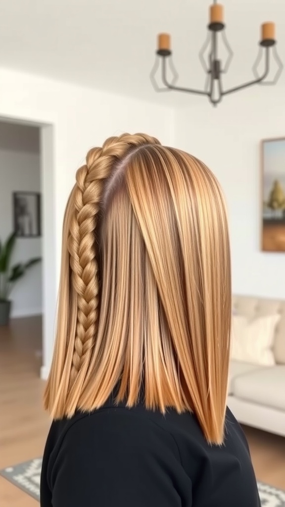 A woman with straight blonde hair styled in a quick weave with a braided accent