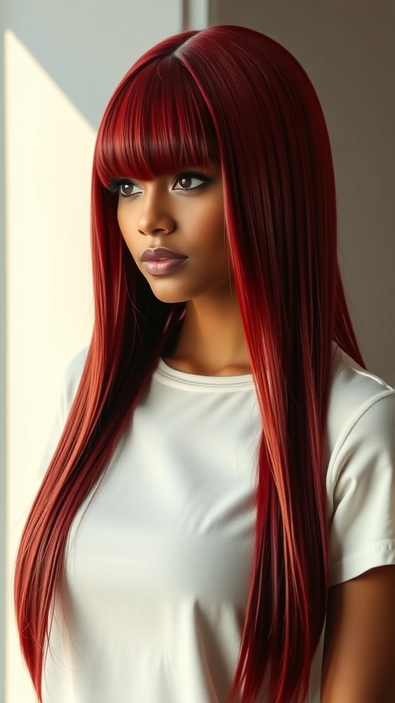 A person with straight red lace front hair, featuring bangs and a sleek style.