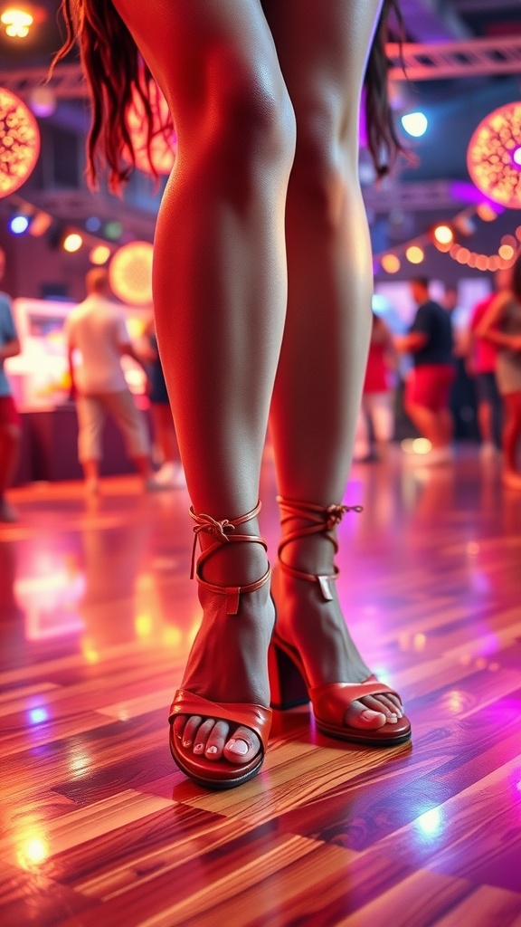 A close-up view of a woman's legs wearing stylish strappy sandals in a vibrant club setting