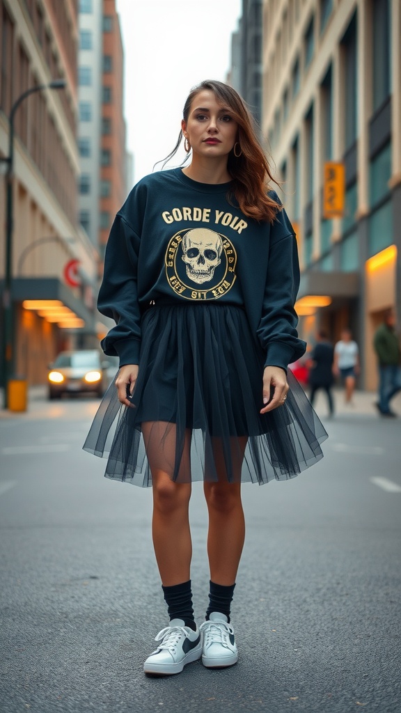 A woman wearing a graphic sweatshirt and a black tulle skirt, paired with white sneakers and black socks, standing in a city street.