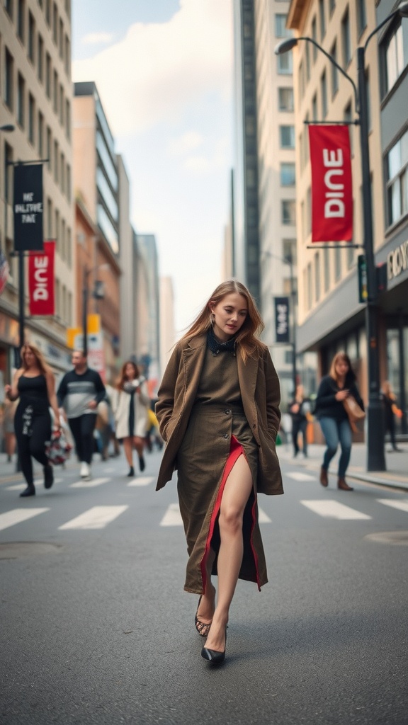 A woman walking in a split skirt on a busy city street, showcasing street style.