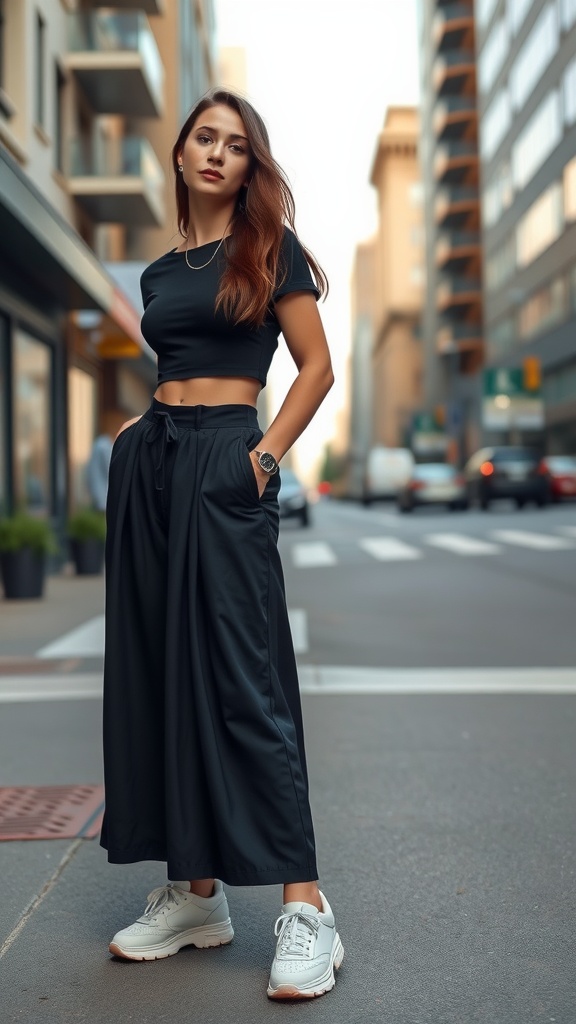 Model wearing a black maxi skirt and chunky sneakers on a city street
