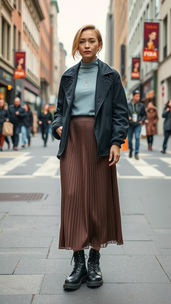 Model wearing a pleated brown long skirt with a light blue turtleneck and black jacket, standing on a city street.
