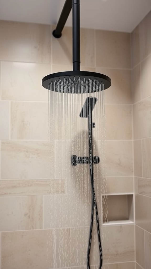 A modern black shower head installed in a light-colored tiled bathroom