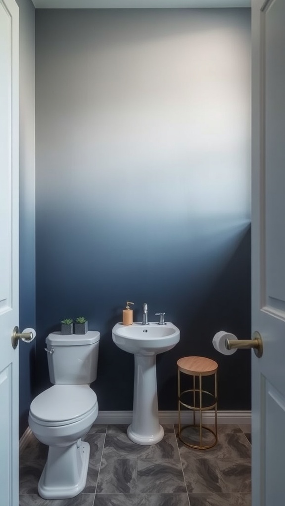 A guest bathroom featuring ombre wallpaper with a gradient from light blue to dark blue, complemented by white fixtures and a wooden stool.