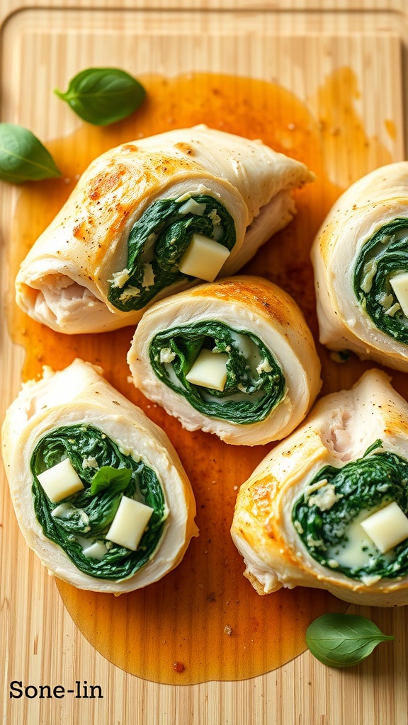 Stuffed bone-in chicken thighs with spinach and cheese on a cutting board
