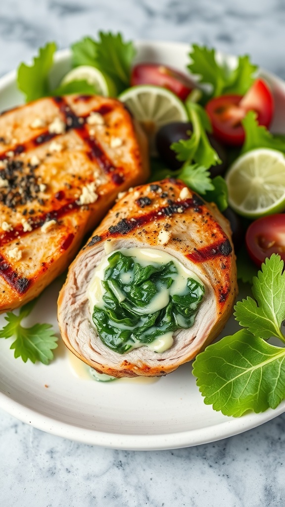 Stuffed boneless pork chops with spinach and cheese, served with fresh salad.