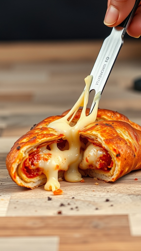 A cheesy stuffed pizza crust with melted cheese and pepperoni filling