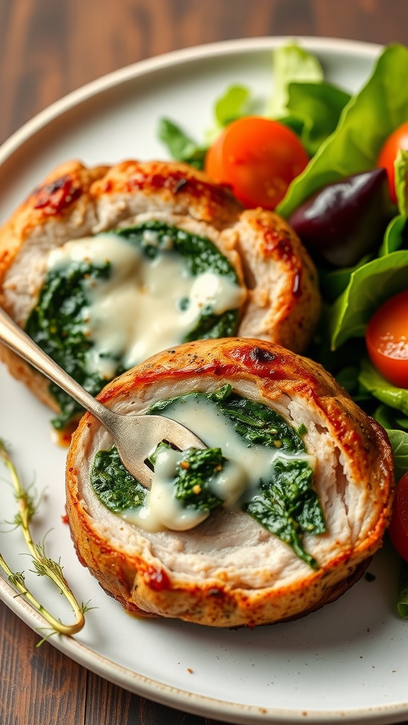 Stuffed pork chops with spinach and cheese, served with a fresh salad.