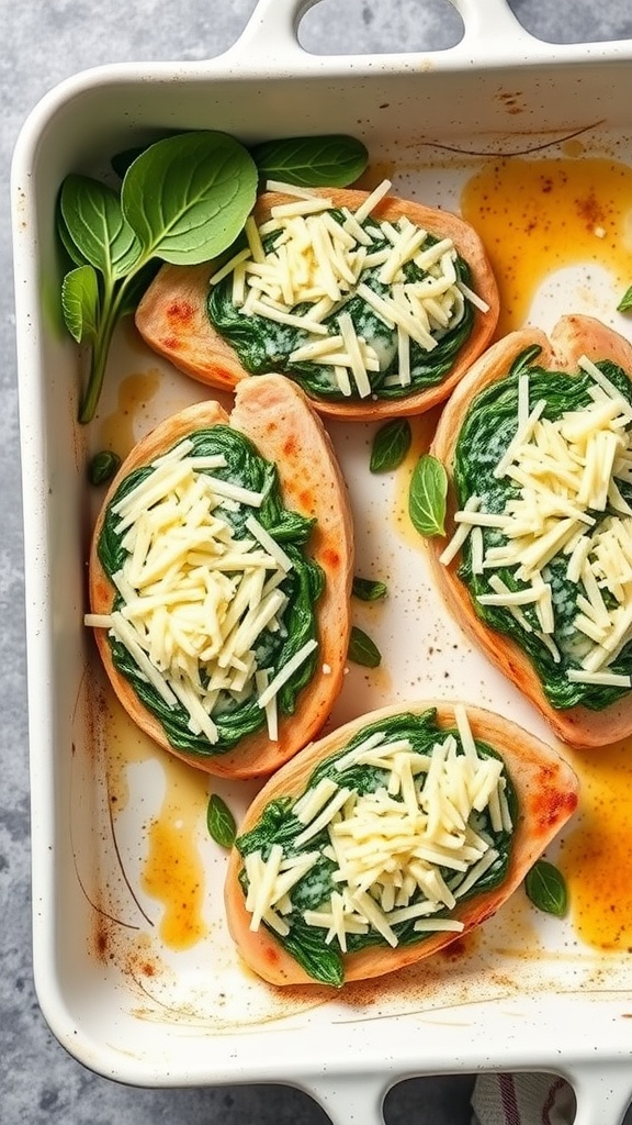 Stuffed pork chops with spinach and cheese in a baking dish