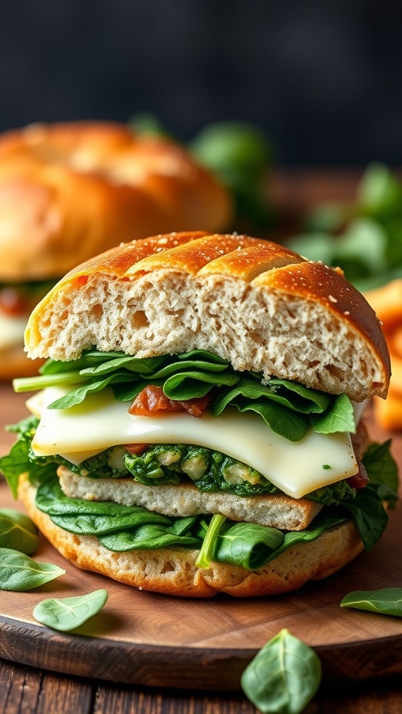 A stuffed turkey burger with spinach and cheese, served on a wooden board.