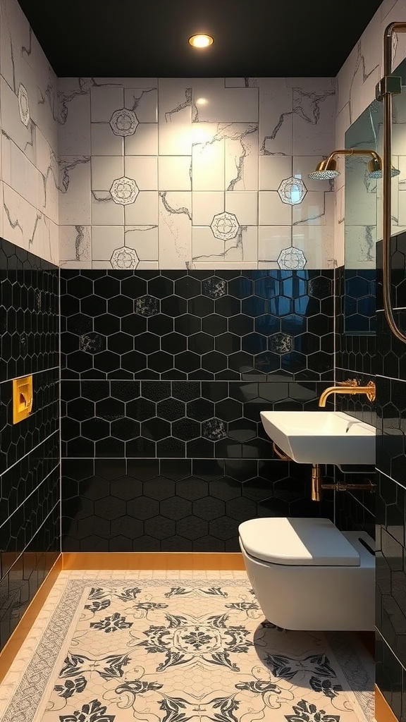 A modern bathroom featuring black hexagonal tiles, white patterned tiles, a gold faucet, and a decorative floor rug.