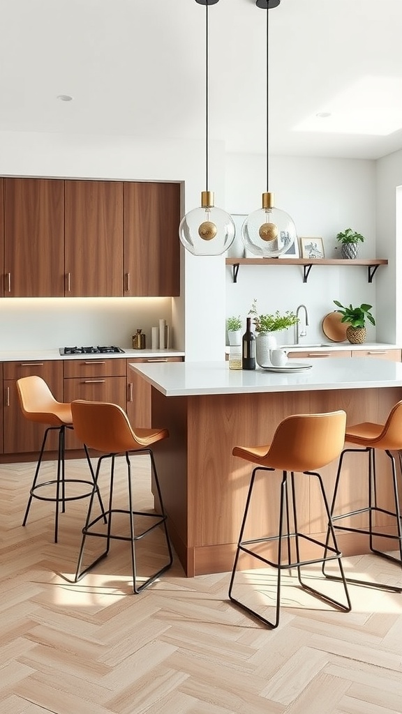 Modern kitchen island with stylish bar stools, wooden cabinets, pendant lights, and herringbone flooring.