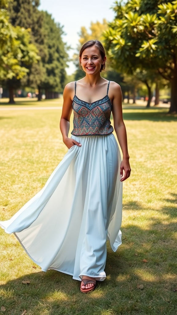 Woman wearing a white maxi skirt and a colorful tank top, walking in a park.