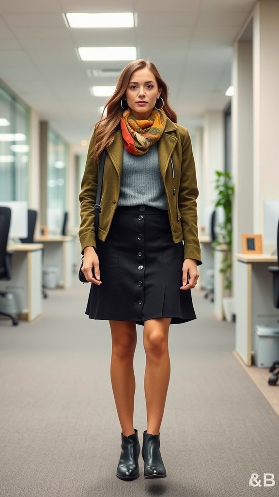Business casual outfit with a skirt, featuring a grey sweater, green jacket, and colorful scarf.