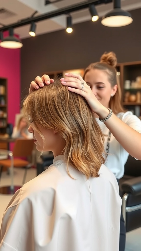 A stylist working on a woman's hair, focusing on achieving a soft mullet hairstyle