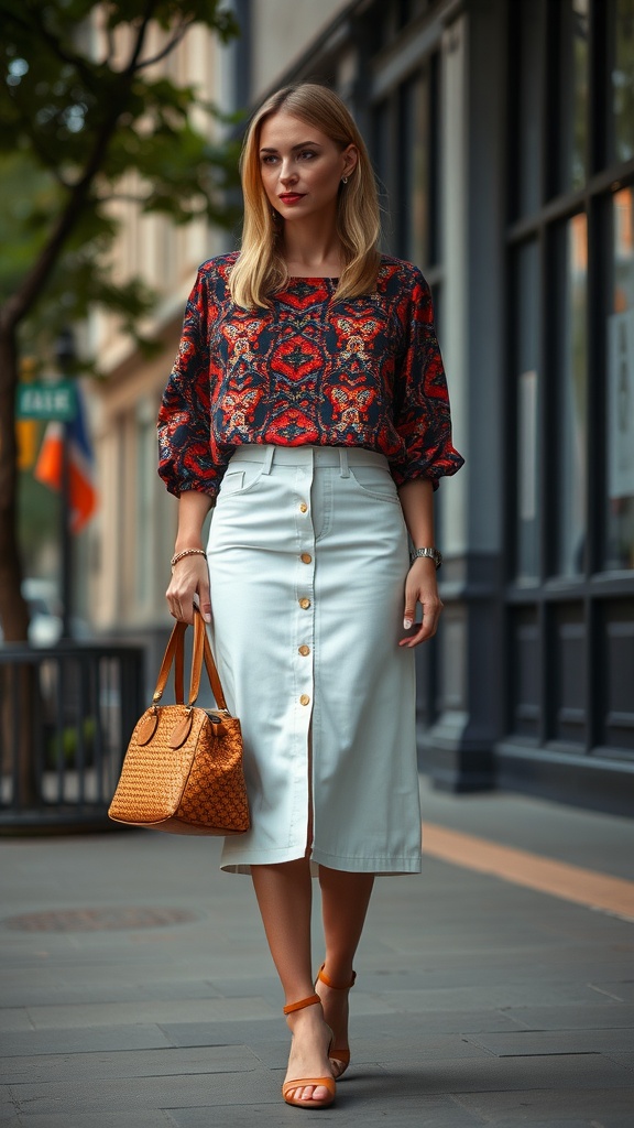 A woman wearing a red patterned top and a white denim skirt, holding an orange handbag and wearing orange sandals.