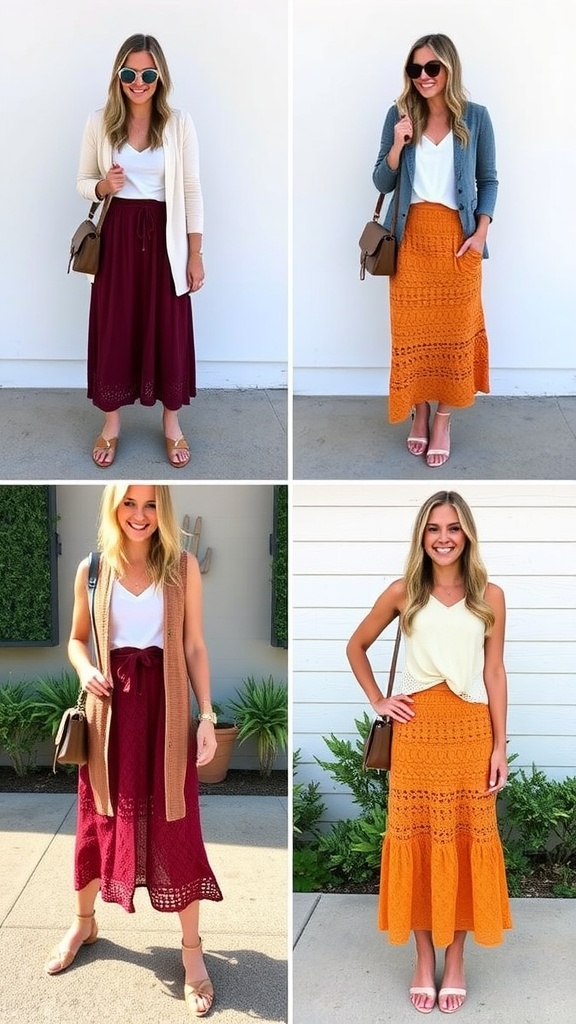 Four outfits featuring crochet maxi skirts in maroon and orange, styled with various tops and accessories.