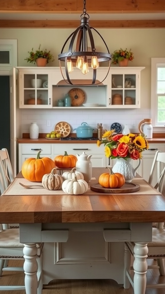 A farmhouse kitchen table decorated with pumpkins and flowers for seasonal decor