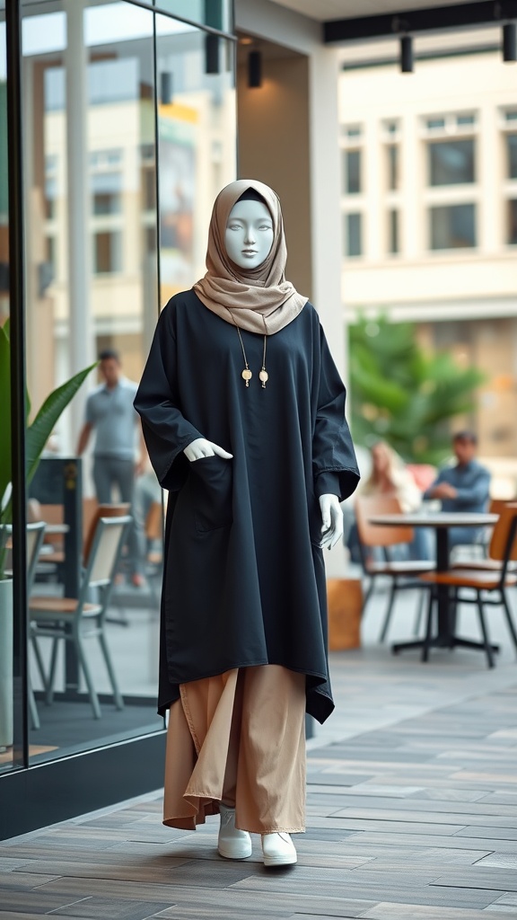 A stylish black abaya on a mannequin, paired with beige trousers and a light scarf, displayed in a modern cafe.