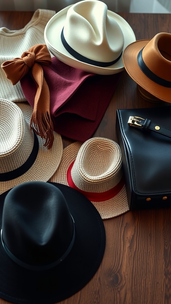 A collection of stylish hats, scarves, and a chic black bag arranged on a wooden surface.
