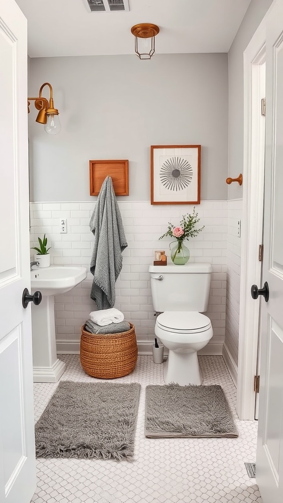 A stylish Jack and Jill bathroom featuring gray walls, wooden accents, and decorative accessories.