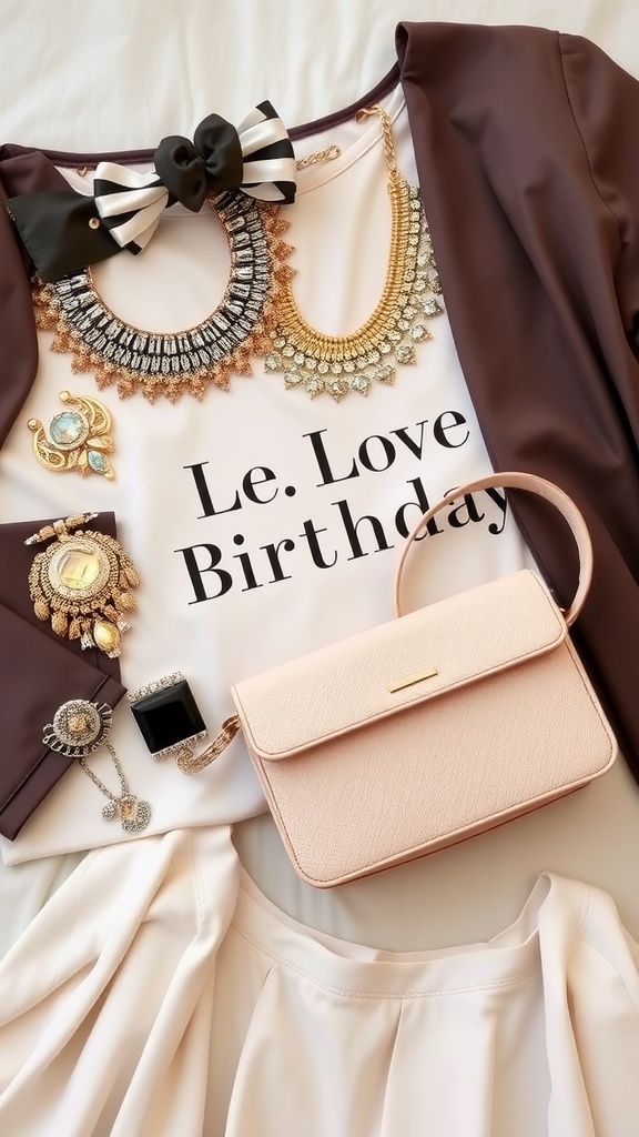 A collection of stylish accessories for a birthday outfit, including necklaces, a bow, a handbag, and rings.