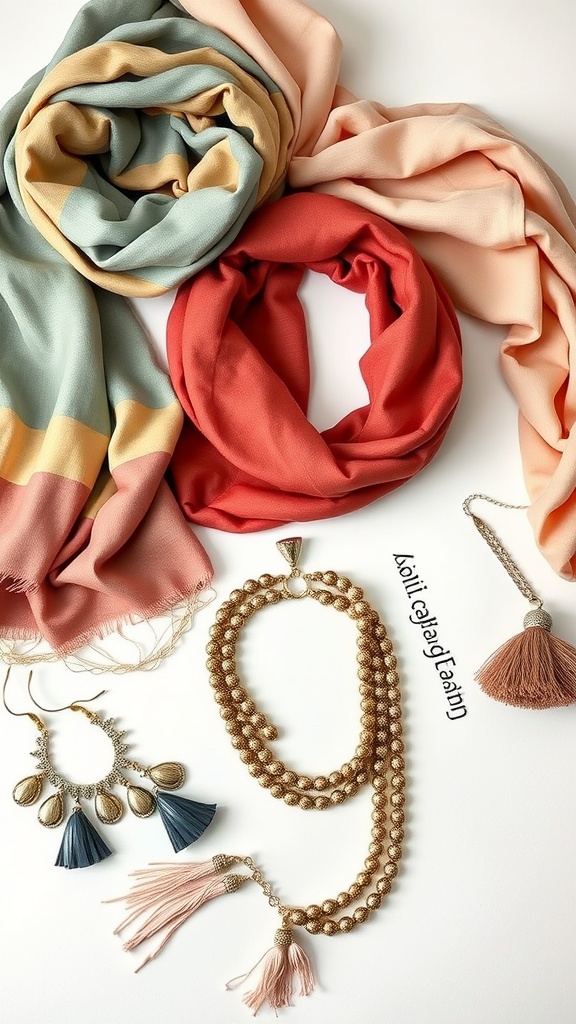 A collection of stylish accessories including scarves and jewelry laid out on a surface.