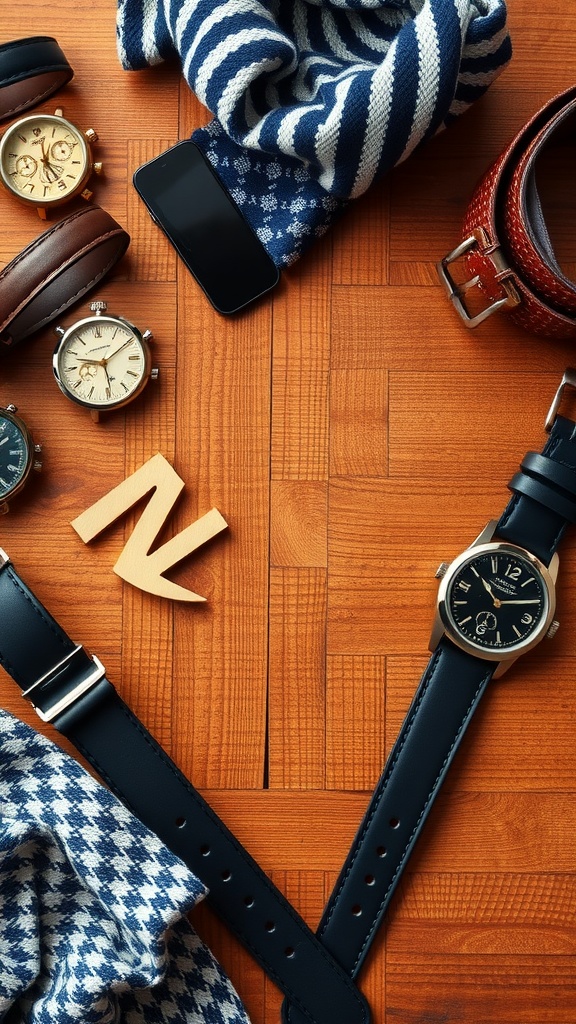 A collection of stylish accessories including watches, belts, and a scarf, arranged on a wooden surface.
