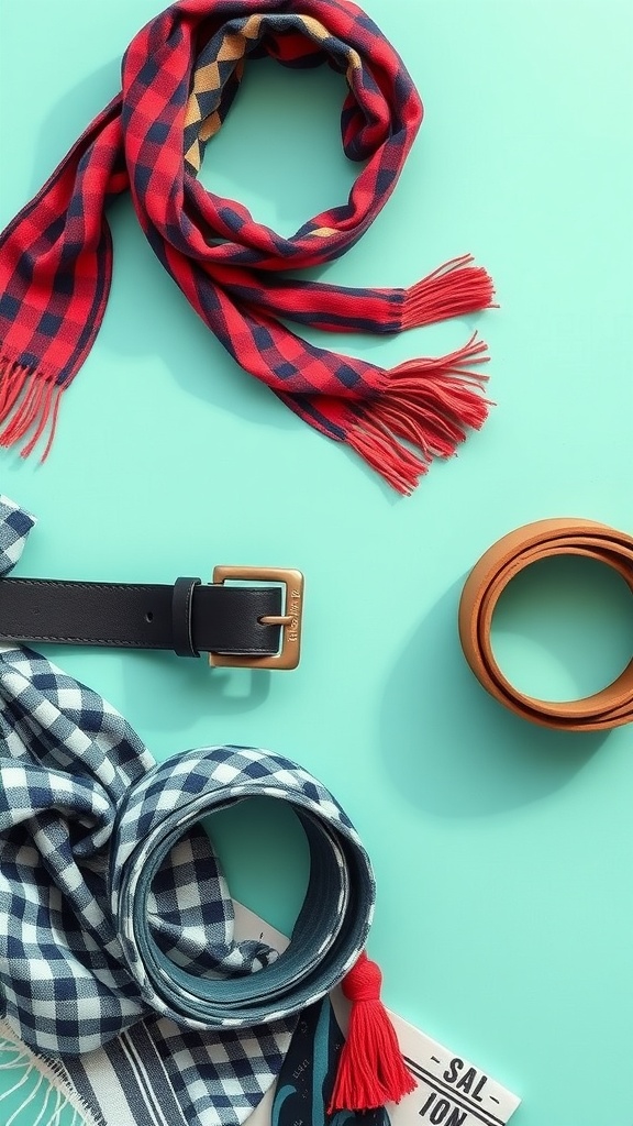 A vibrant red and blue plaid scarf, a sleek black belt, and a tan leather belt arranged on a teal background.