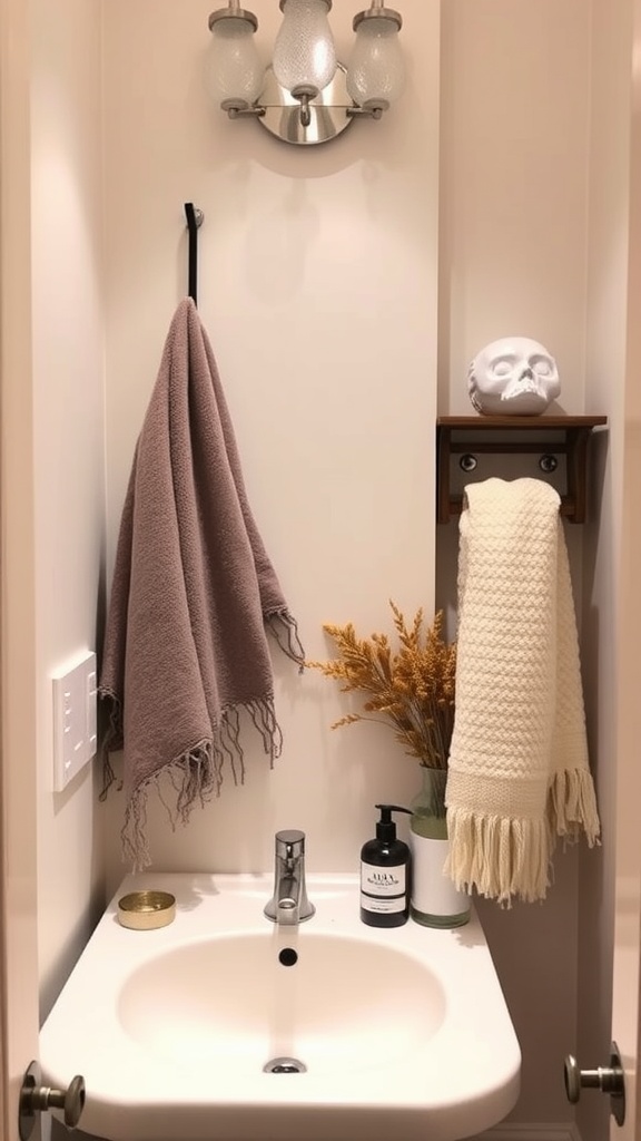 A small half bathroom featuring a light fixture, towels, a decorative skull, and a plant, showcasing stylish accessories in a compact space.