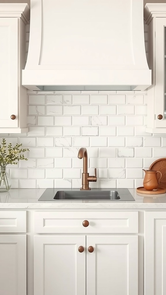 A modern white farmhouse kitchen featuring a white subway tile backsplash and a copper faucet.