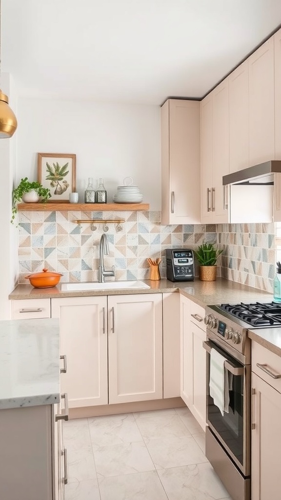 Stylish kitchen with a geometric tile backsplash in soft colors.
