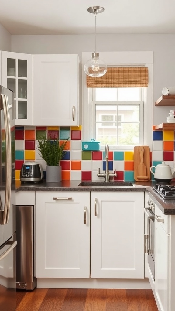 Colorful tiled backsplash in a small kitchen with white cabinets and modern appliances
