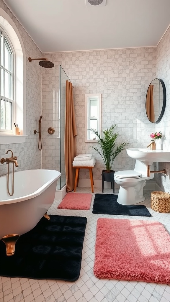 Stylish pink and black bathroom with plush rugs