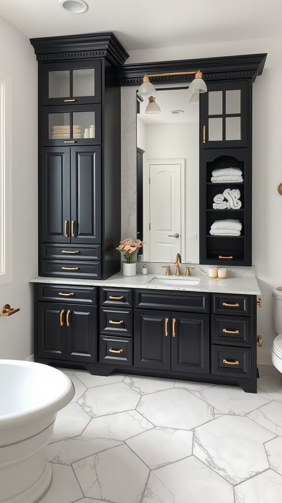 A stylish bathroom featuring black cabinetry with gold accents, a marble countertop, and organized storage.