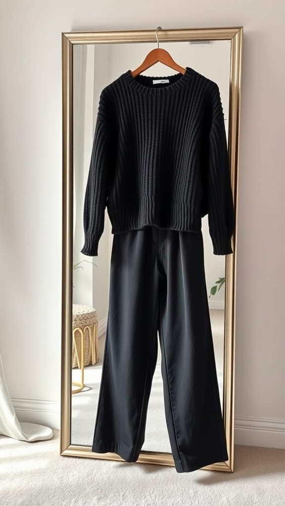 A stylish black sweater hanging above wide-leg pants displayed in front of a mirror.