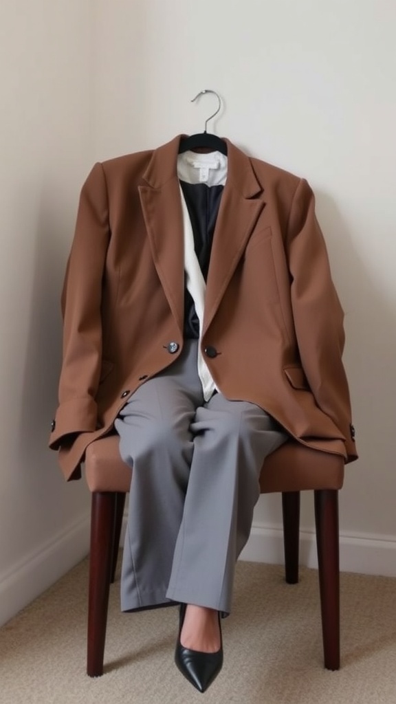 A brown blazer on a chair, paired with gray trousers and black heels.