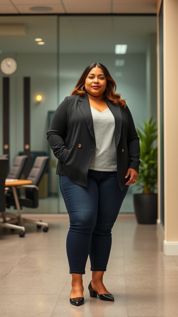 A plus-size woman in a black blazer and gray top, standing confidently in a modern office setting.