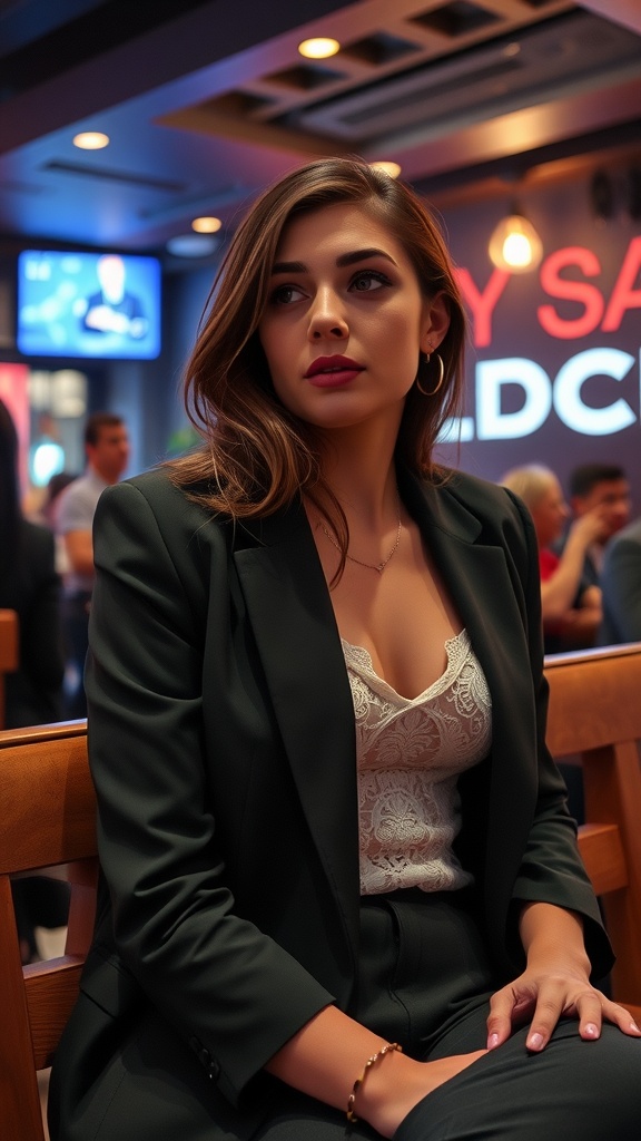 A stylish woman wearing a green blazer over a lace top, sitting in a lively atmosphere.