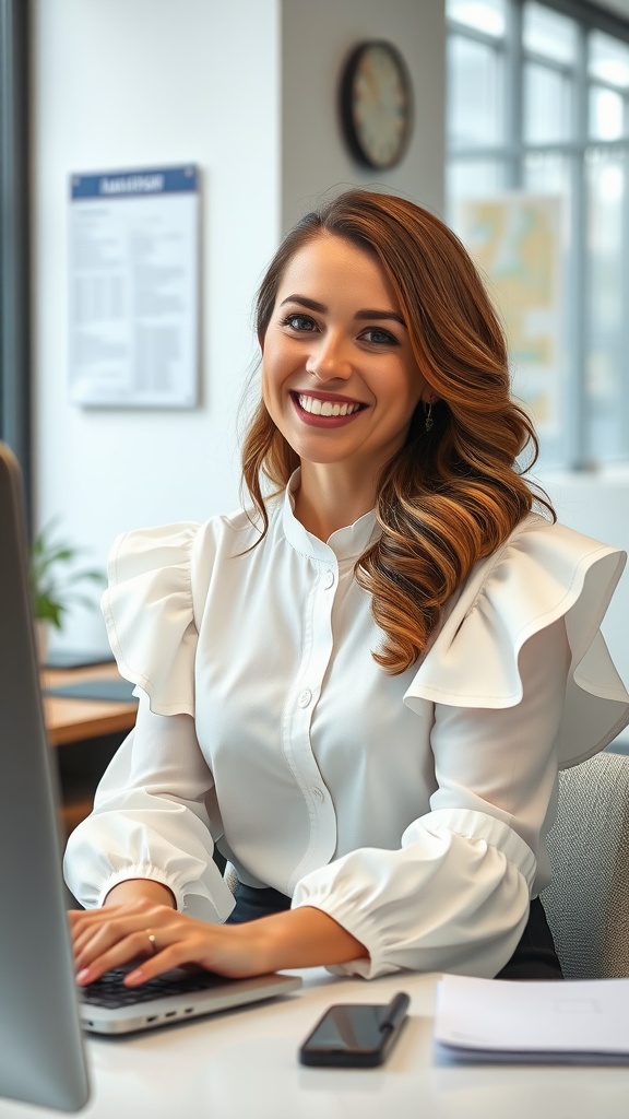 A smiling woman in a stylish white blouse with ruffled sleeves, sitting at a desk with a laptop.