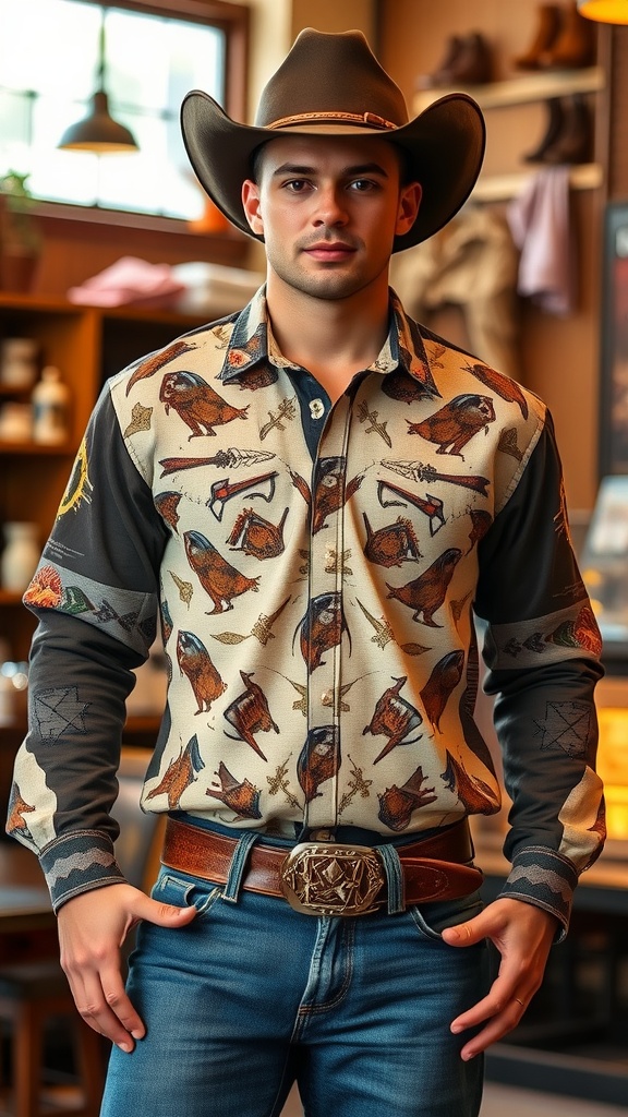 A stylish button-up shirt with unique patterns, featuring animals and rustic elements, worn by a man in a Western setting.