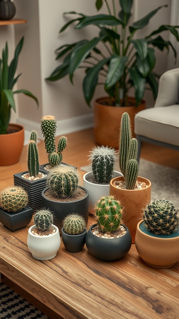 A stylish arrangement of various cacti and succulents in modern pots on a wooden table.