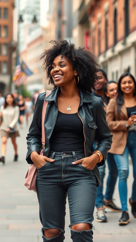 A stylish Black woman in a black leather jacket and ripped jeans, smiling as she walks through a city street with friends.